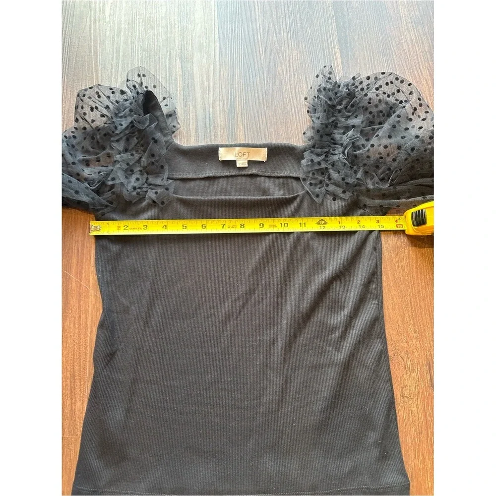 Loft Black Mesh Balloon Sleeve Coquette‎ Noir Dark Academia Swiss Dot Ruffle